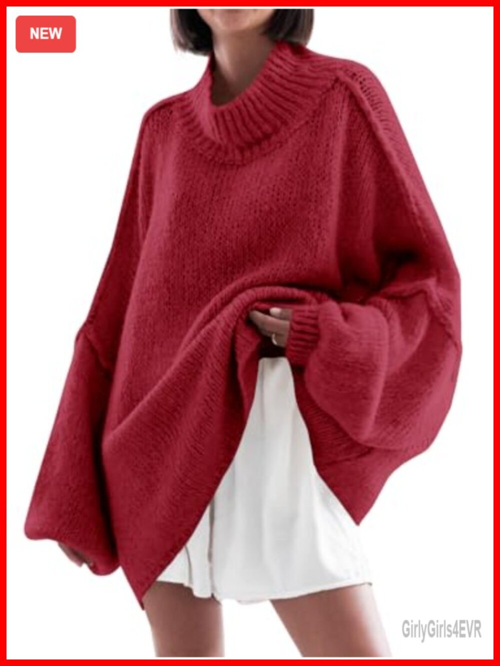 Womens Oversized Chunky Ribbed Knit Mock Neck Batwing Sleeve Tunic Sweater